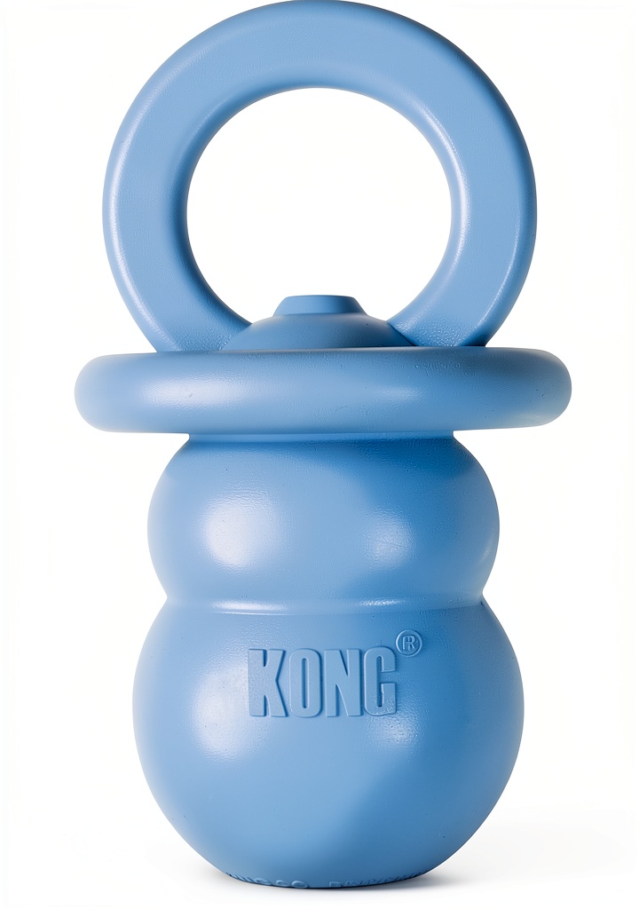 KONG Puppy Pacifier Toy in pink and blue colors on a clean background