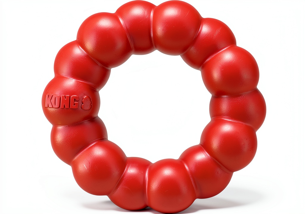 KONG Ring chew toy being held by a dog in a backyard